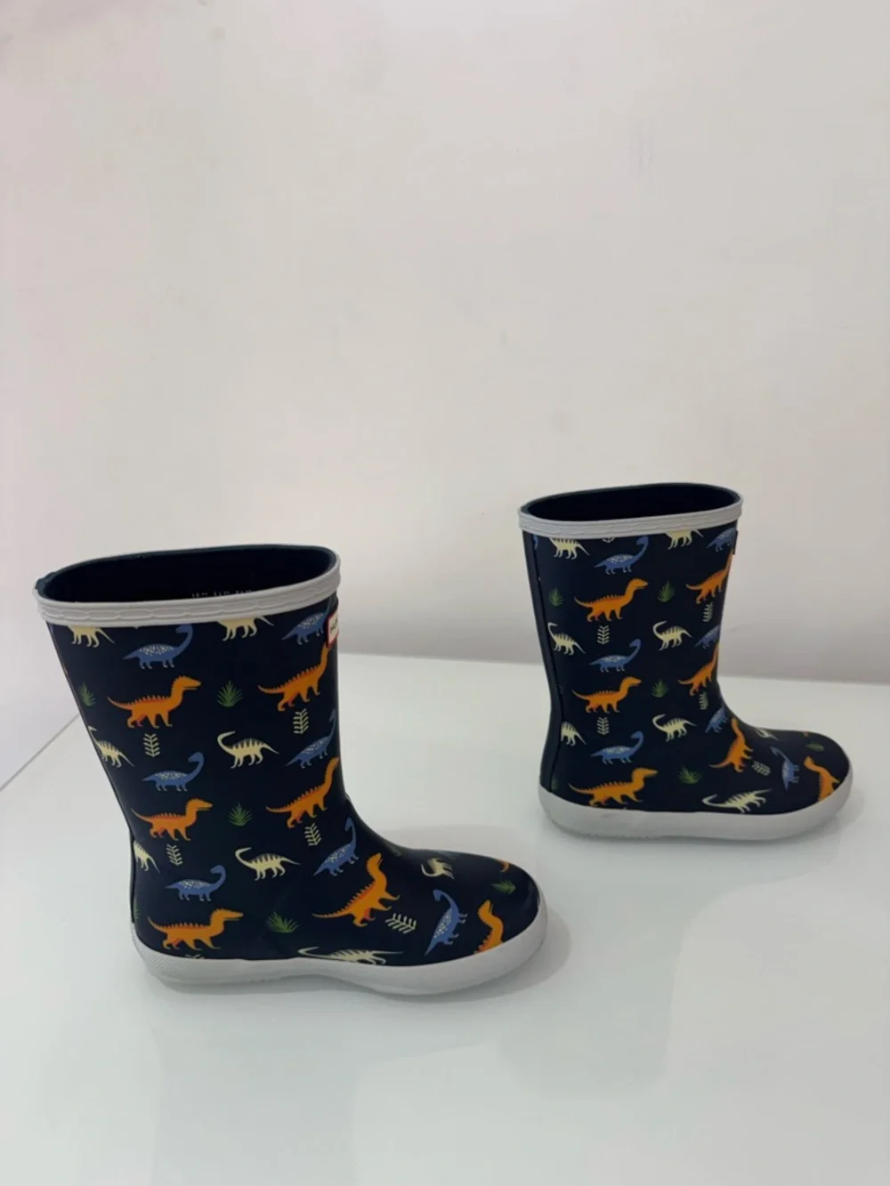 Hunter Kids Navy Rain Boots with Orange & Blue Dinosaurs, US Size 13